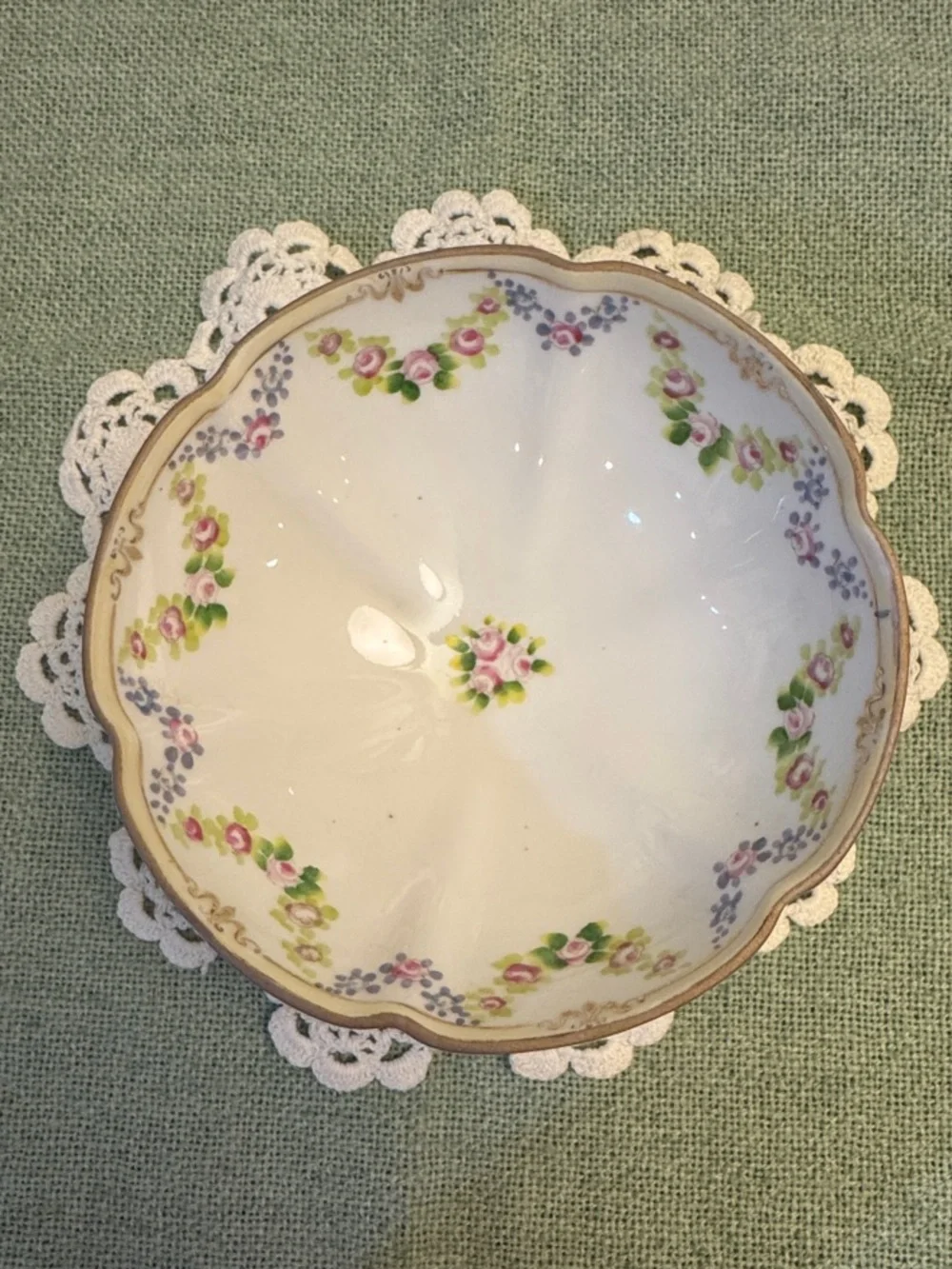 Vintage Nippon Porcelain Footed White Bowl with Pink, Green & gold-like accents